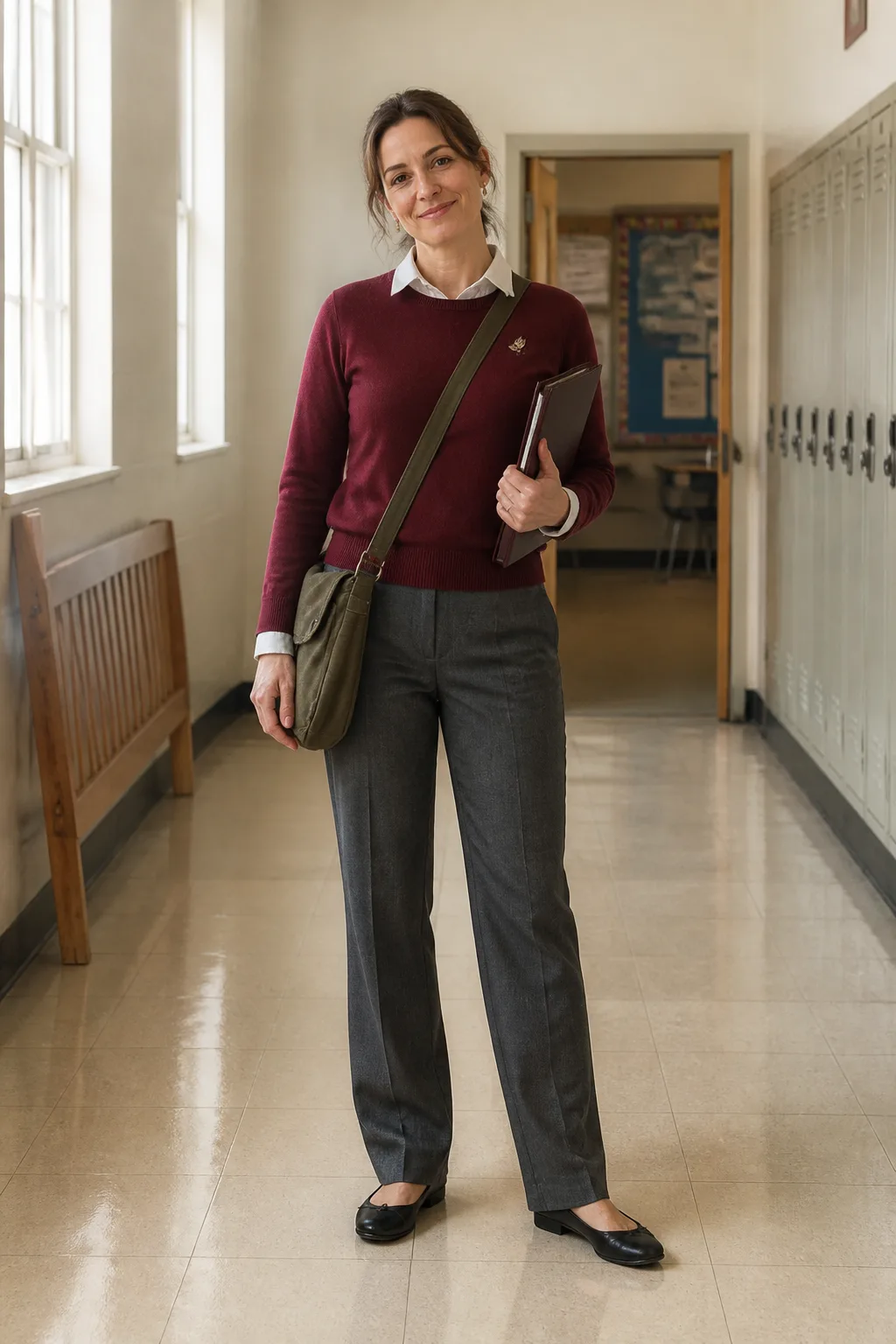 Gray Trousers, Berry Sweater, and Ballet Flats
