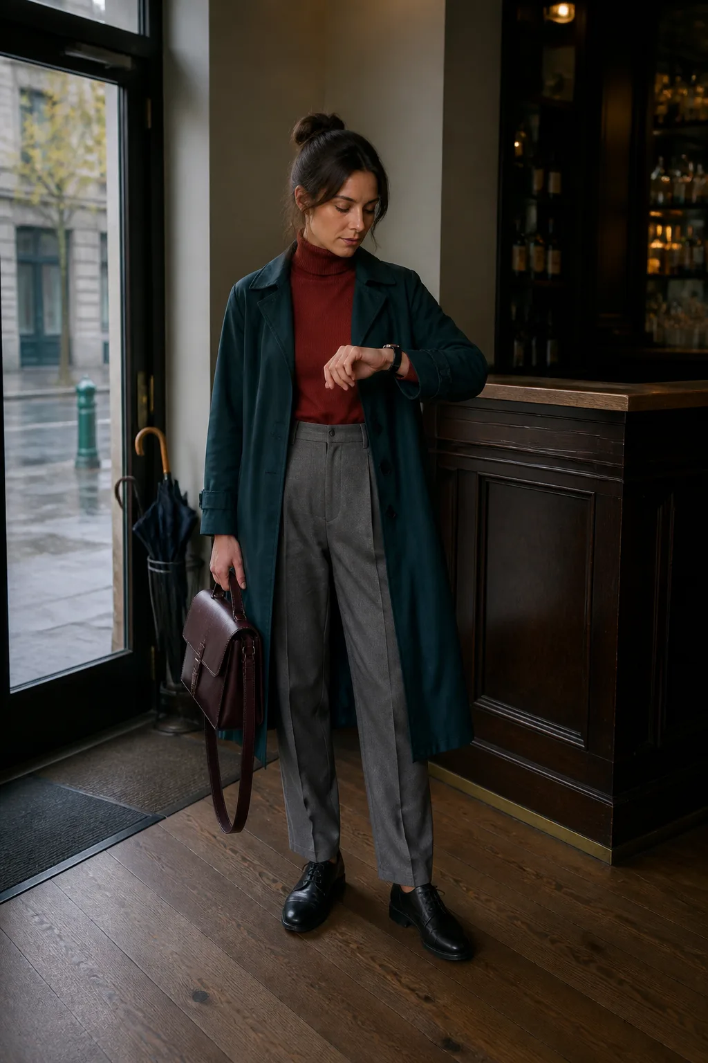 Gray Trousers with Red Turtleneck and Trench