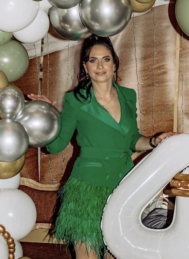 Green Blazer Dress + Delicate Gold Necklace + Feather Hemline