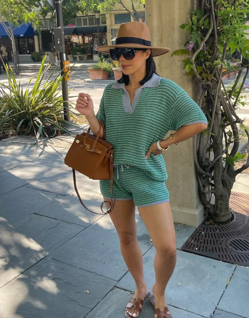 Green Knit Polo Top + Matching Knit Shorts + Brown Hat + Sandals