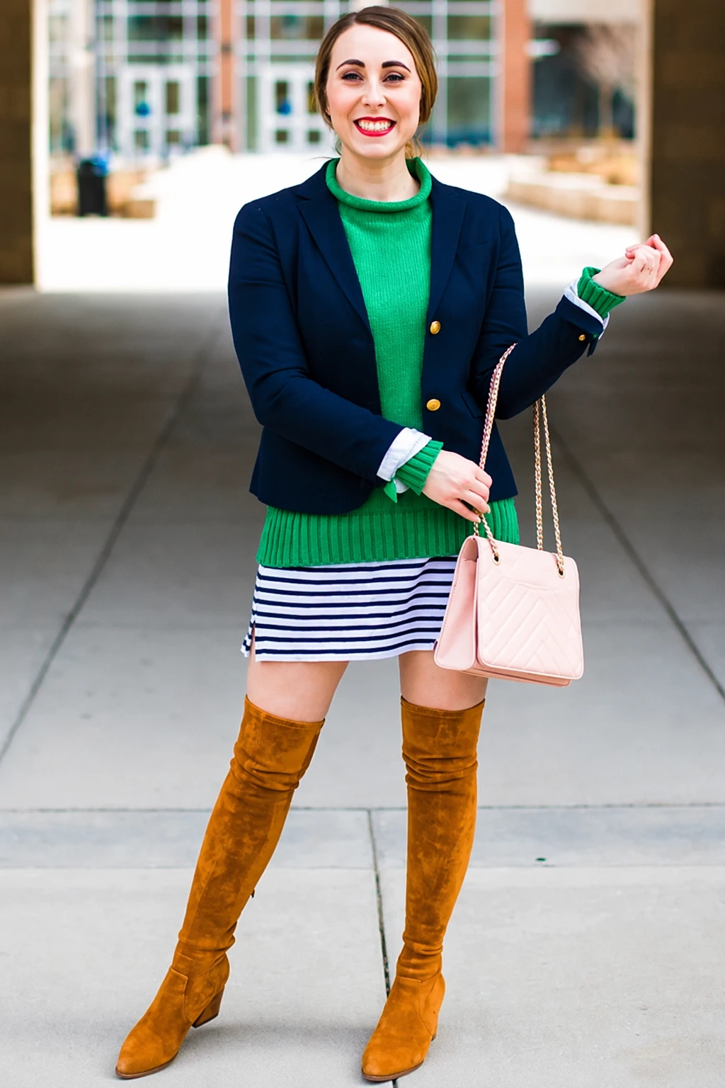 Green Knit Sweater + Navy Blazer + Striped Skirt + Brown over-the-knee Boots