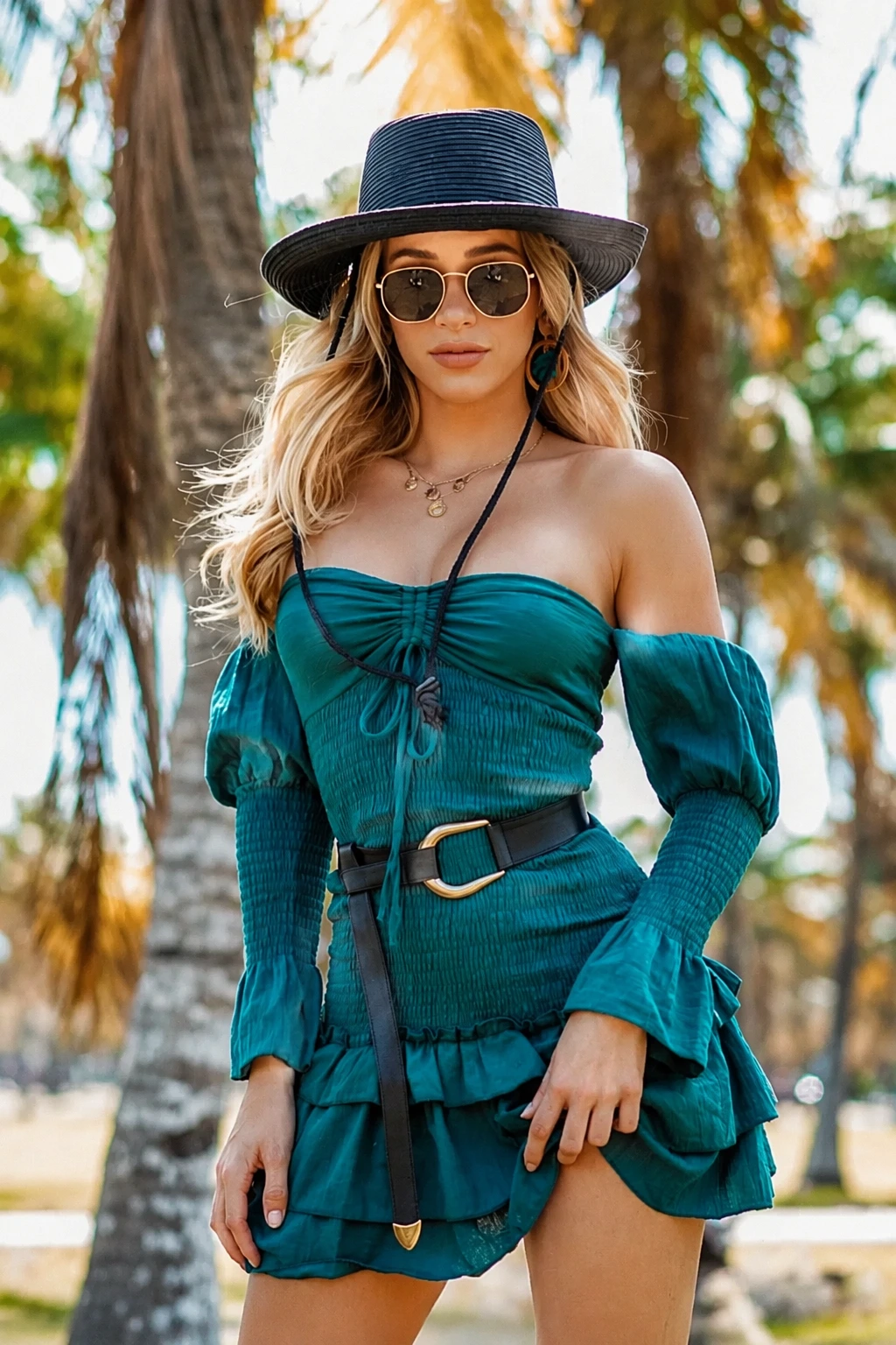 Green Mini Dress + Black Straw Hat + Gold Belt Buckle