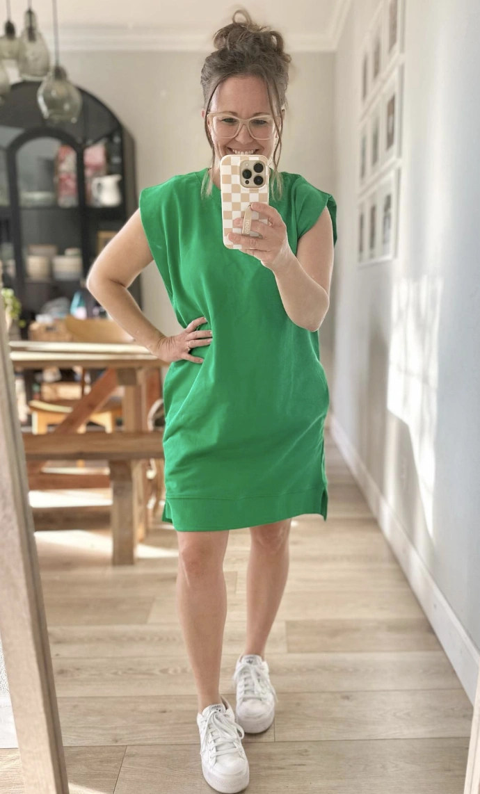 Green Oversized T-Shirt Dress + White Casual Sneakers