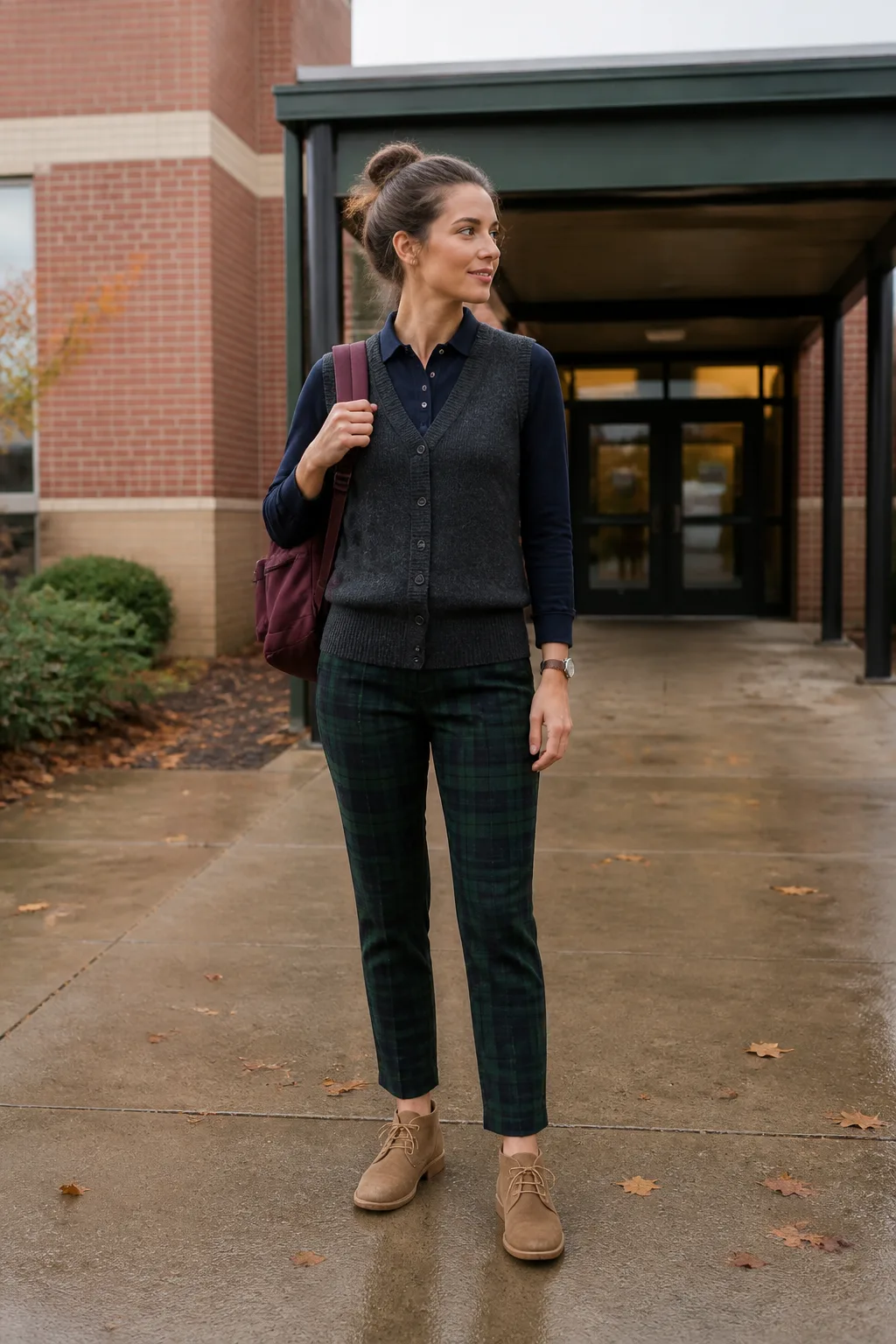 Green Plaid Trousers, Navy Polo, and Chukka Boots