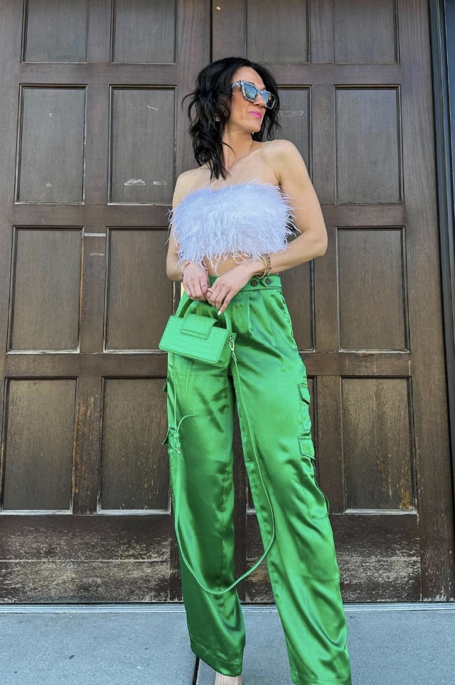Green Satin Cargo Pants + Feathered Crop Top + Mini Crossbody Bag