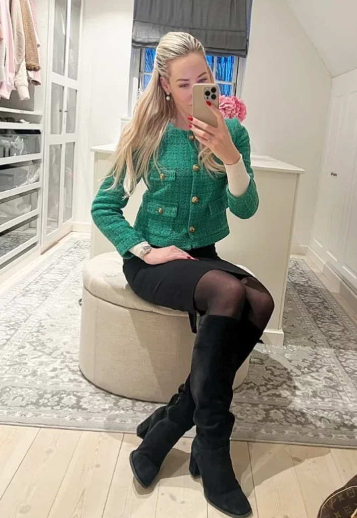 Green Tweed Jacket + Black Pencil Skirt + Black Knee-High Boots