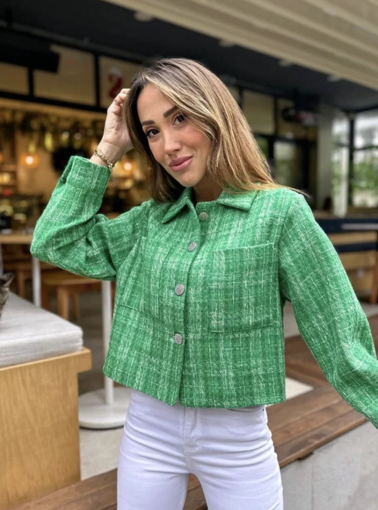 Green Tweed Jacket + White Skinny Jeans