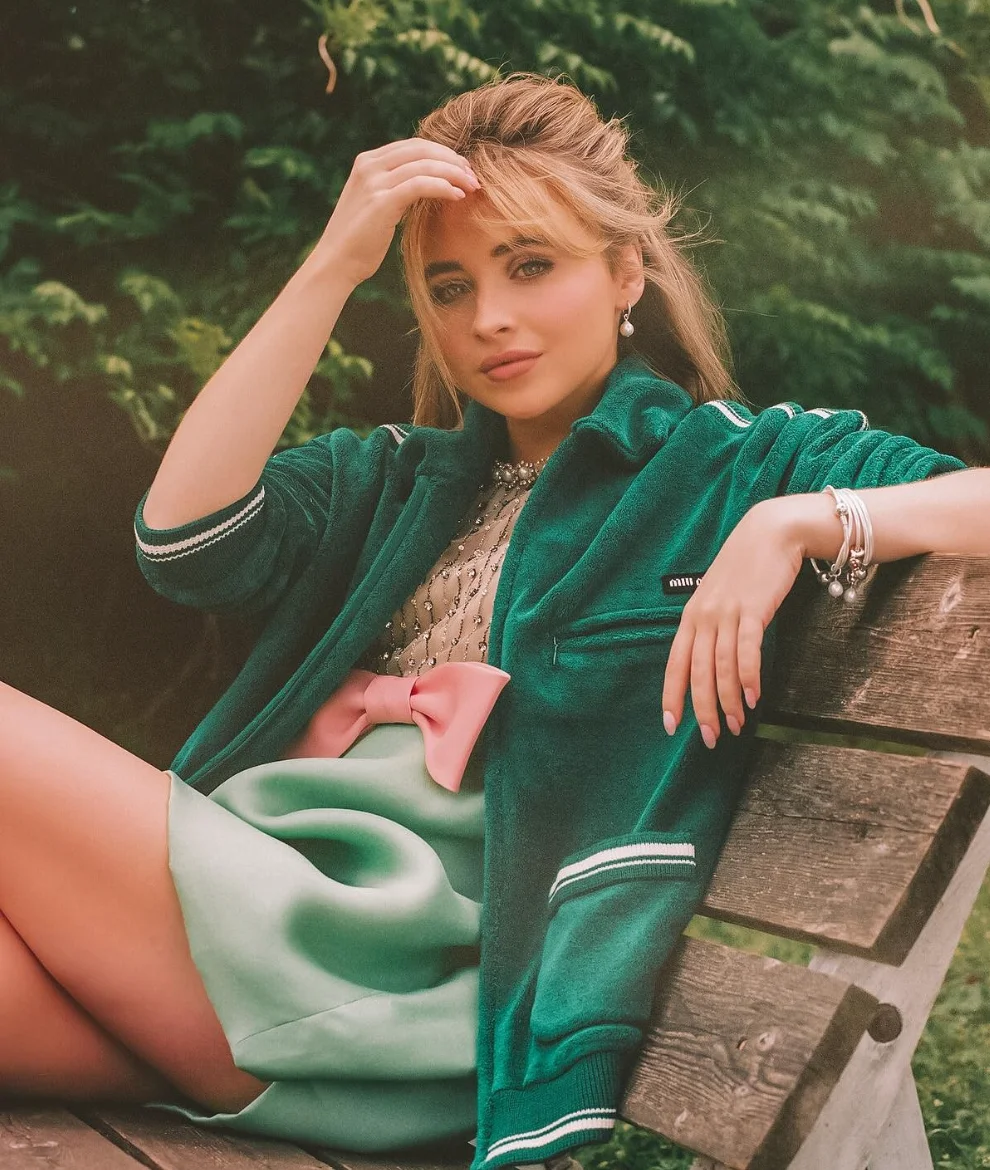 Green Velvet Striped Jacket with Sheer Top and Green Skirt Pink Bow