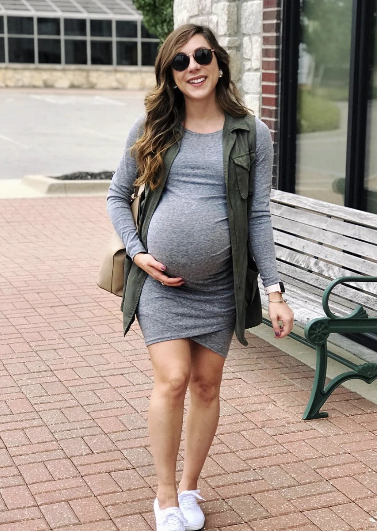 Grey Bodycon Dress + Olive Utility Vest + White Sneakers