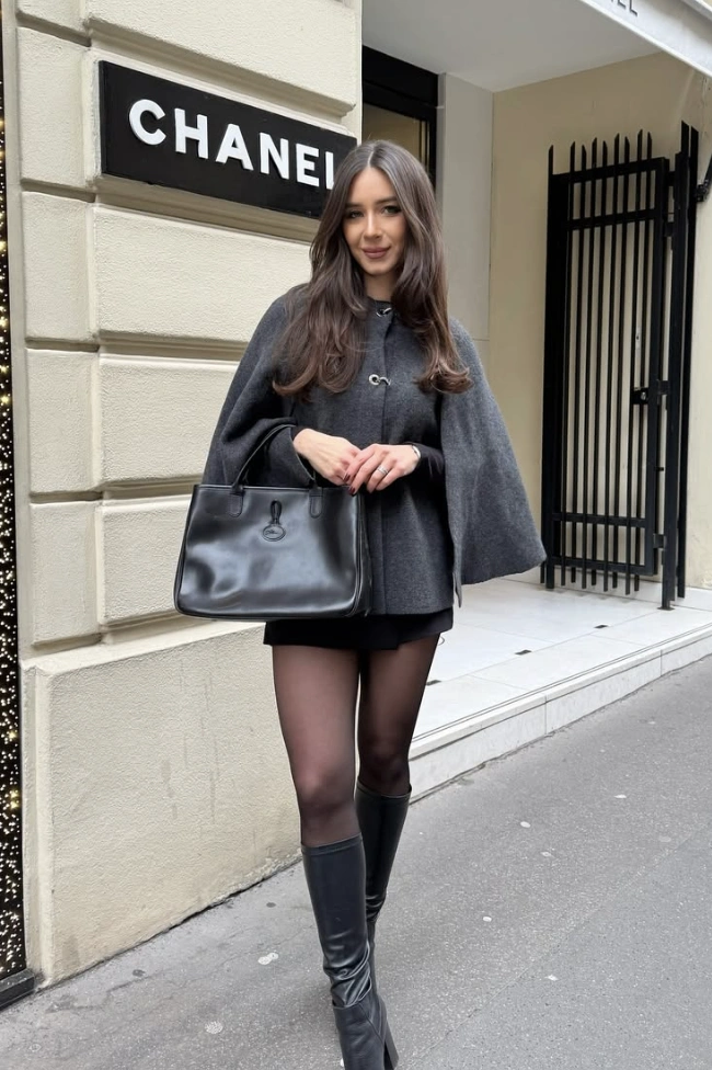 Grey Cape Shawl + Black Skirt + Black Knee High Boots + Black Tote Bag