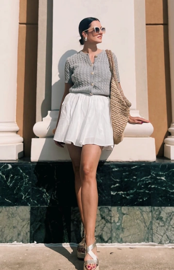 Grey Knit Cardigan + White Flowy Skirt + Beige Wedge Sandals + Straw Tote Bag