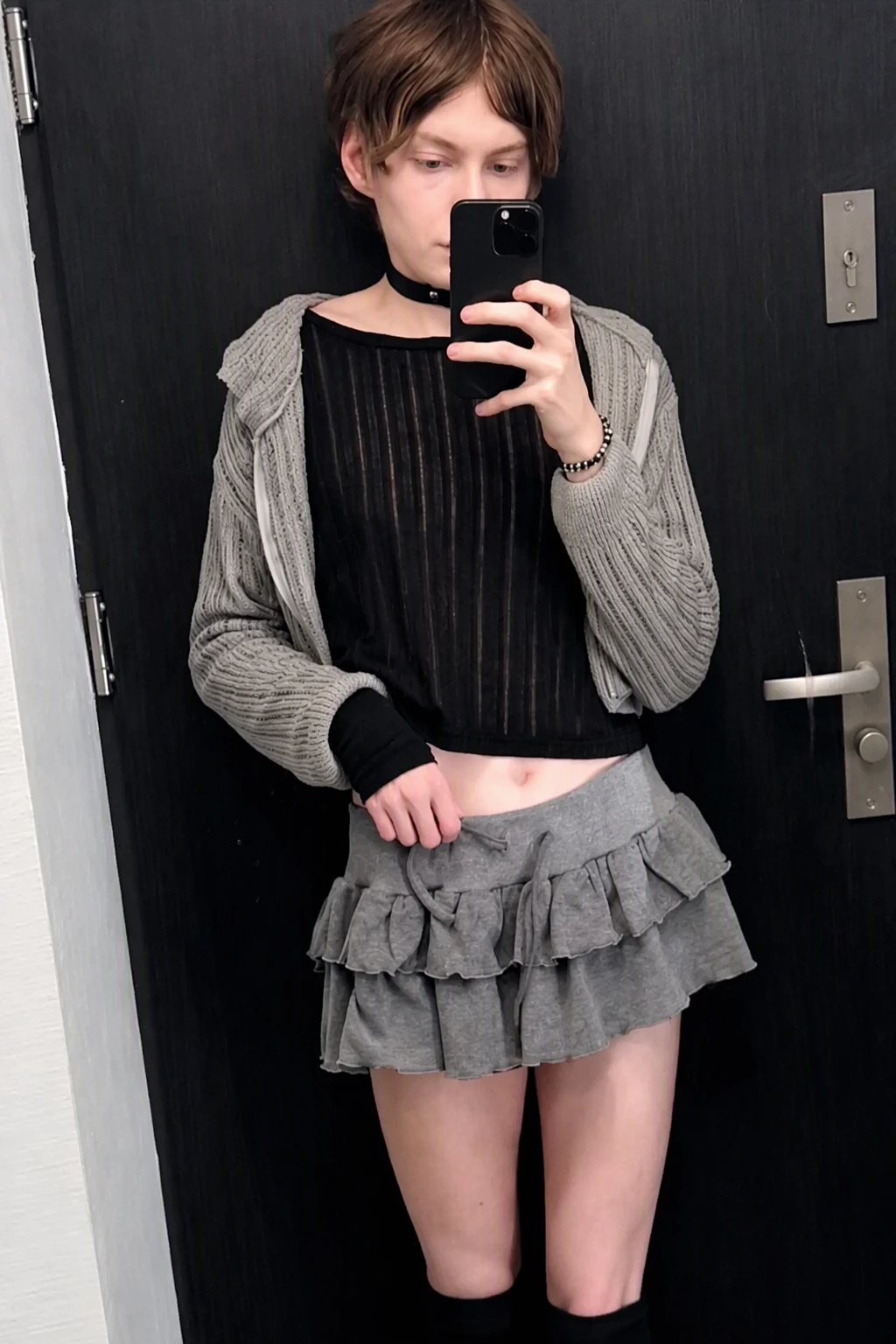 Grey Knit Hoodie + Sheer Ribbed Top + Ruffled Mini Skirt + Thigh High Socks + Choker