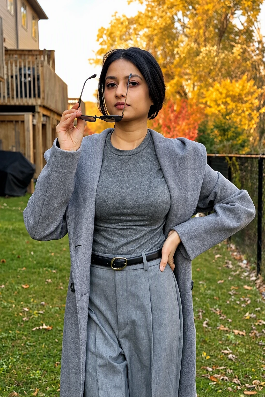 Grey Overcoat + Metallic Grey Crewneck + Wide-Leg Trousers