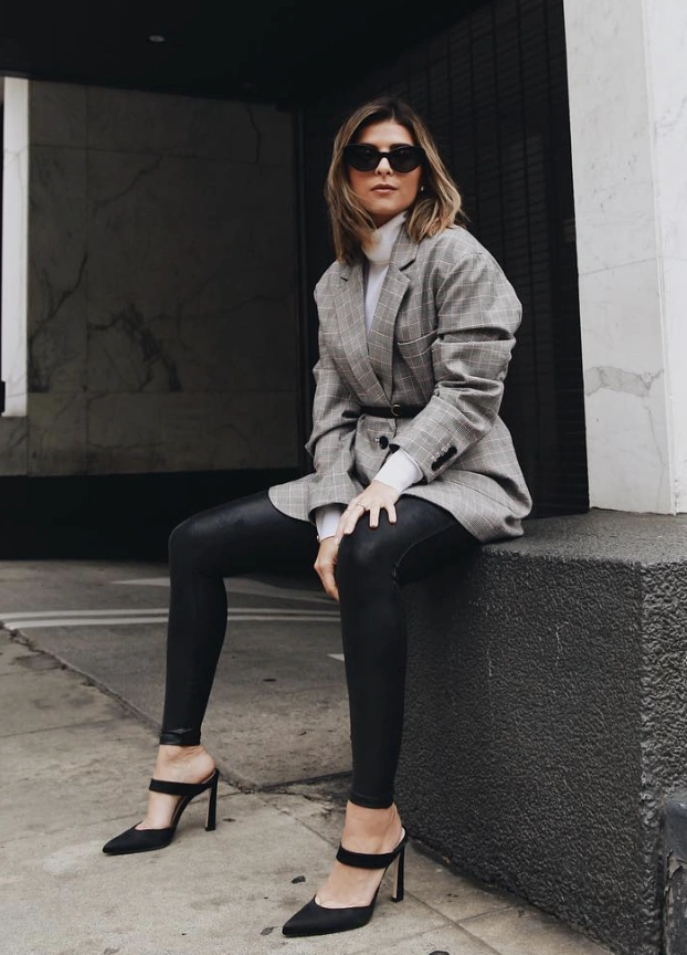 Grey Plaid Blazer + Black Turtleneck Sweater + Black Faux Leather Leggings + Black Heeled Mules
