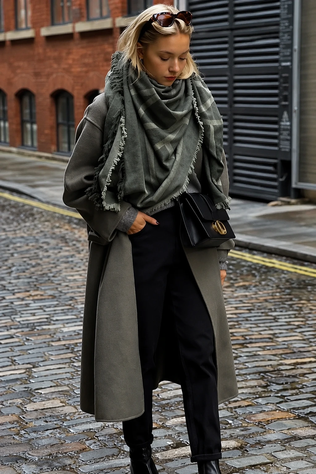 Grey Wool Coat + Oversized Scarf + Black Ankle Boots