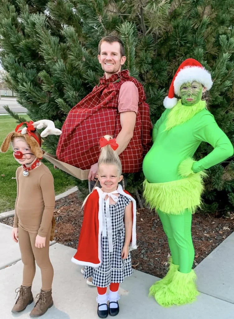 Grinch Costume + Reindeer Outfit + Little Red Riding Hood Dress + Santa Hat + Green Face Paint