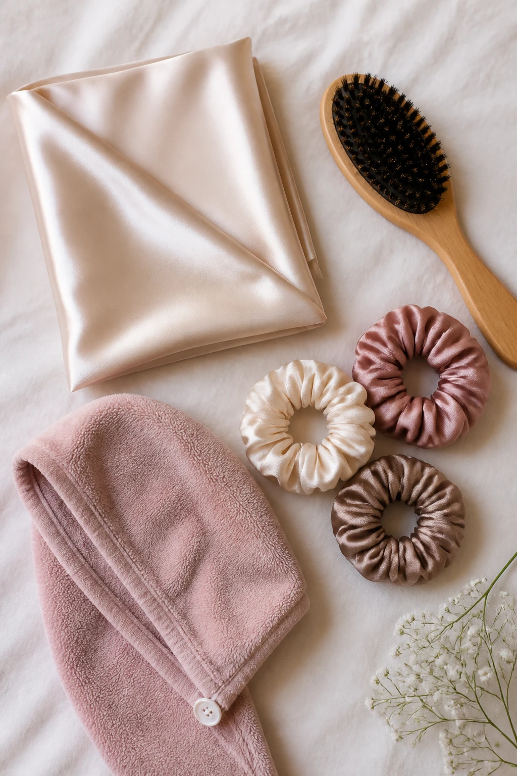 Silk pillowcase and gentle hair accessories