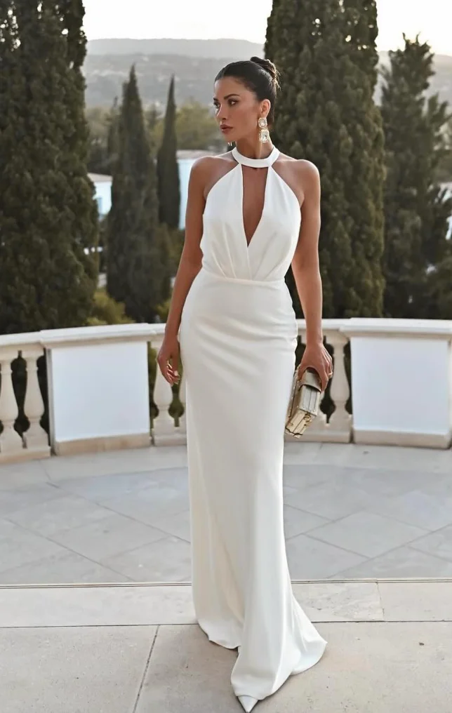 Halter Neck Plunge White Gown