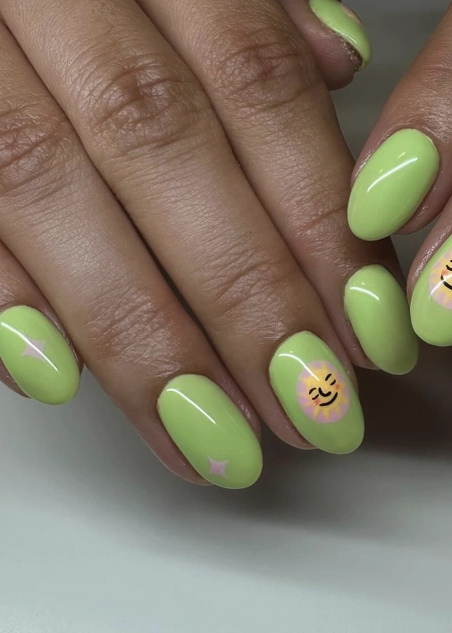 Happy Sun & Star Lime Green Oval Nails