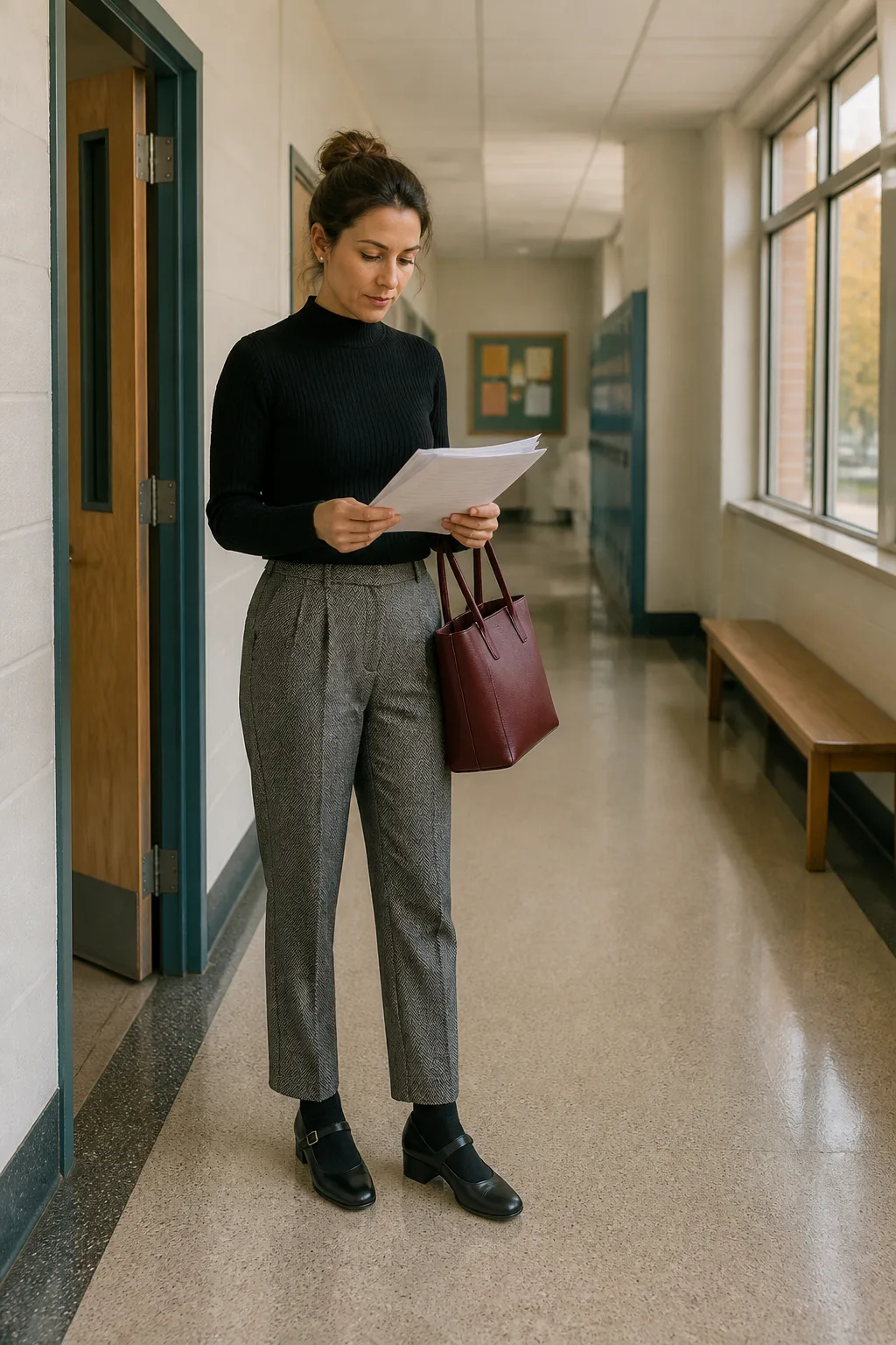 Herringbone Trousers, Black Knit, and Mary Janes