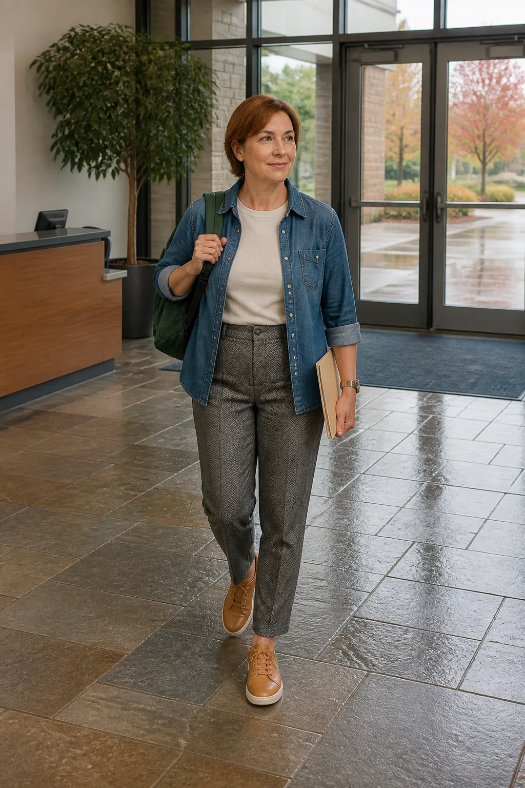 Herringbone Trousers with a Denim Shirt Jacket