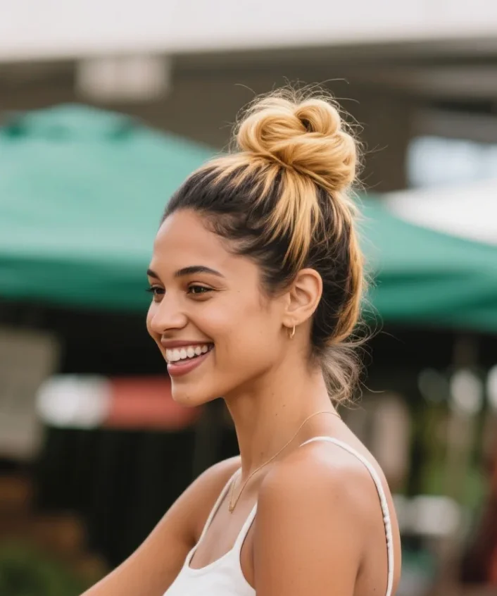 Honey Blonde Half Up, Top Knot