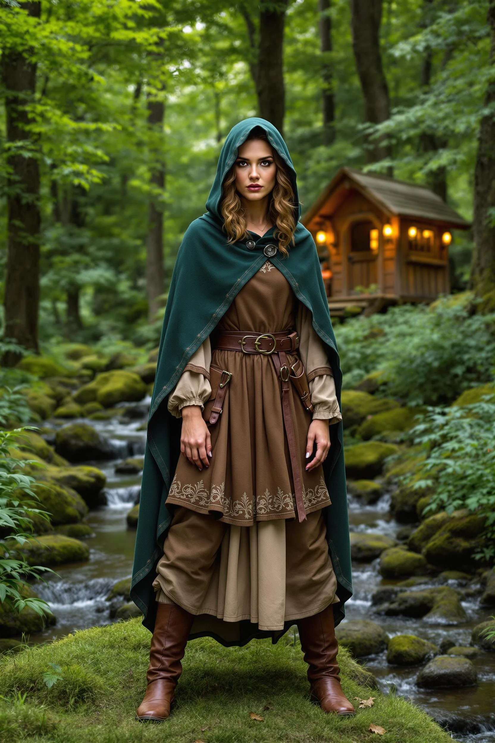 Hooded Green Cloak + Layered Brown Dress