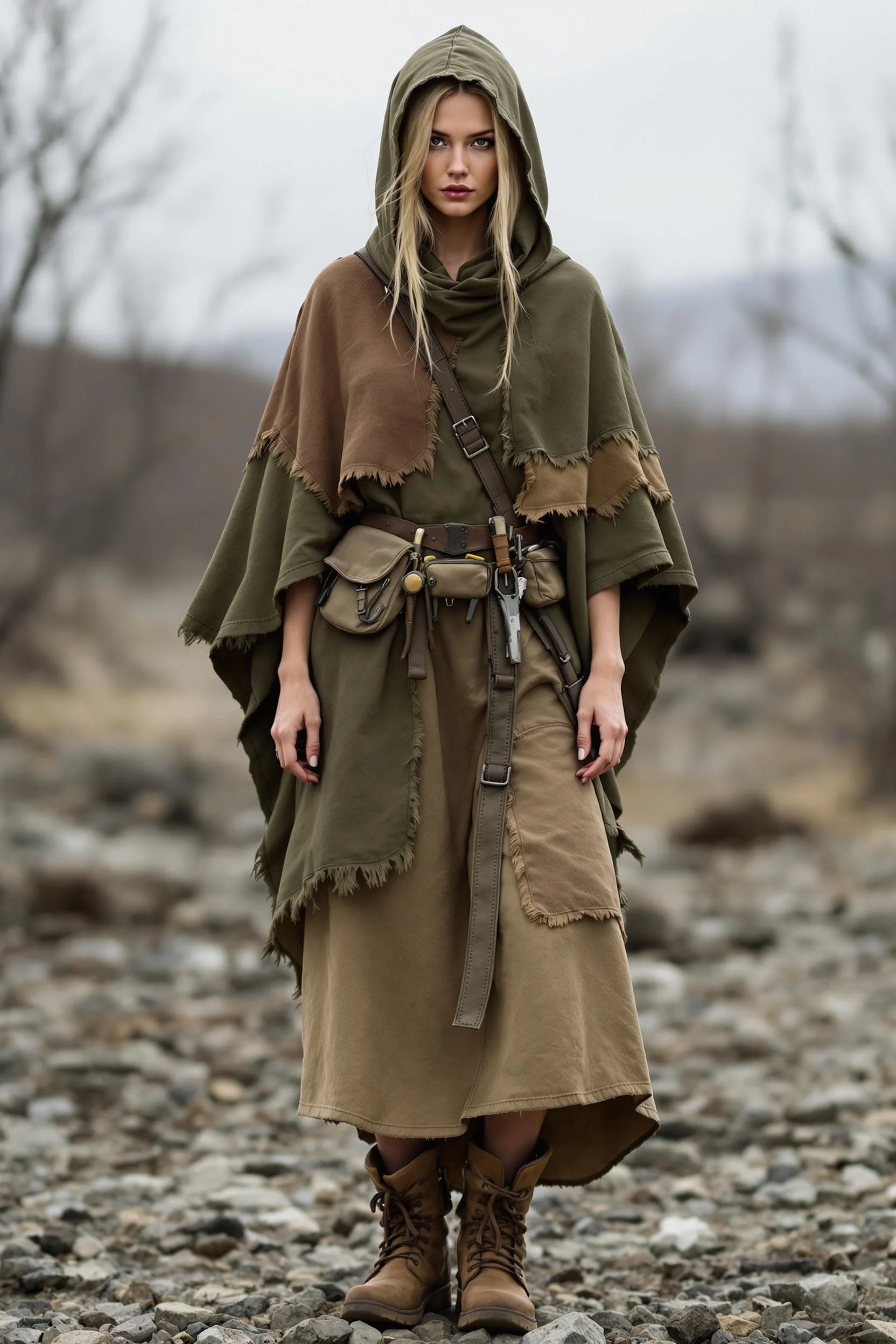 Hooded Olive Poncho + Layered Brown Skirt