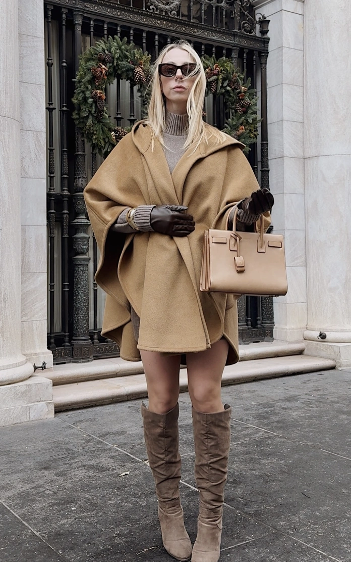 Hooded Poncho Coat + Leather Gloves + Suede Knee-High Boots