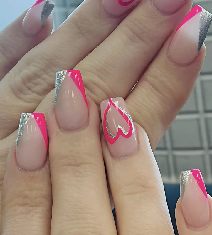 Hot Pink & Silver Heart Accent French Tip Nails