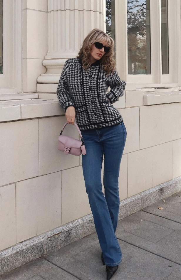 Houndstooth Sweater + Flared Jeans + Black Heels