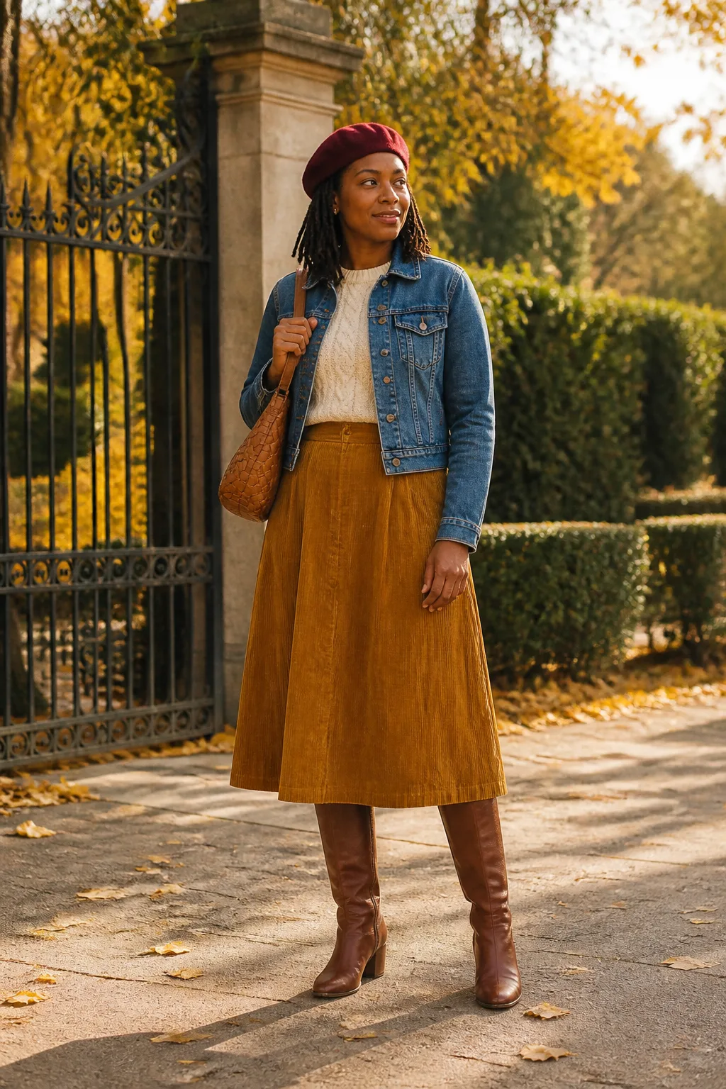 Indigo Denim Jacket with a Mustard Skirt