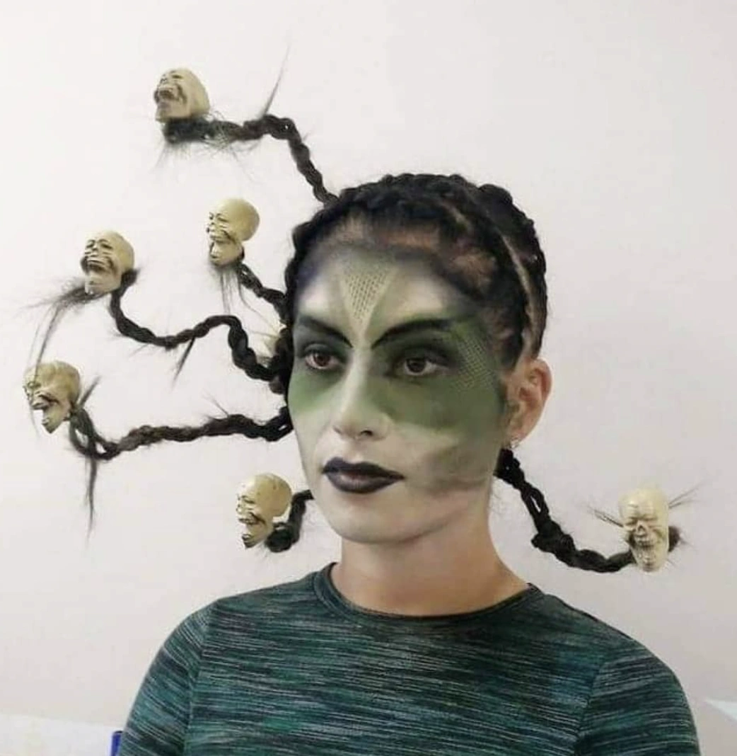 Intricate Braided Hairstyle with Creepy Skull Accents