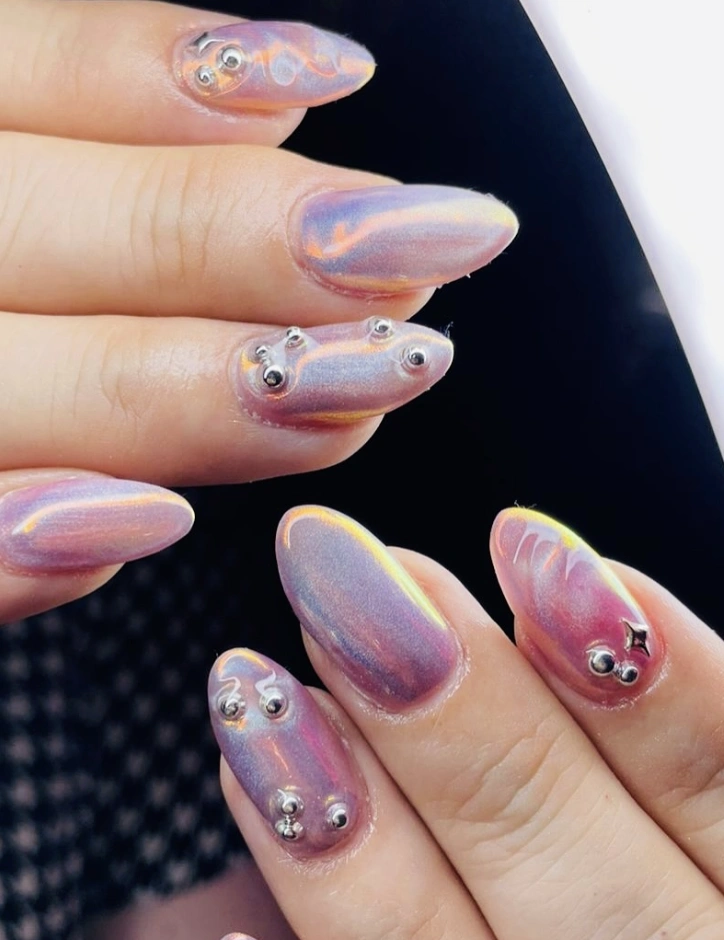 Iridescent Almond Nails with 3D Silver Studs