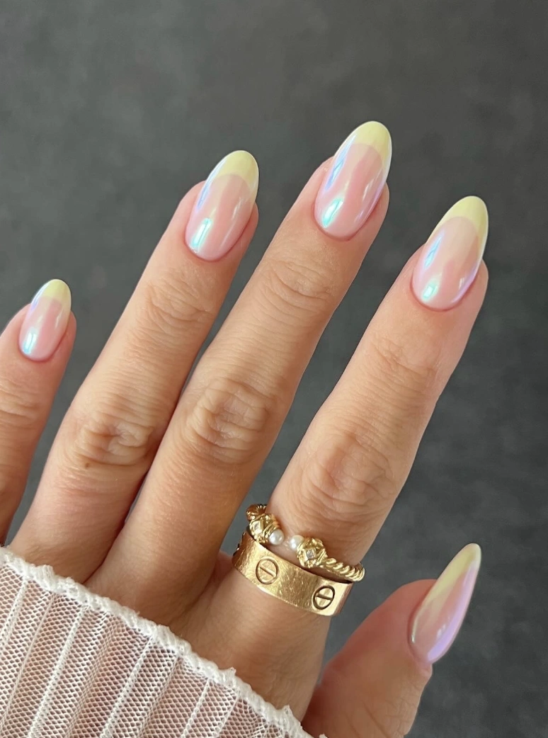 Iridescent Oval Nails with Pastel Yellow French Tips