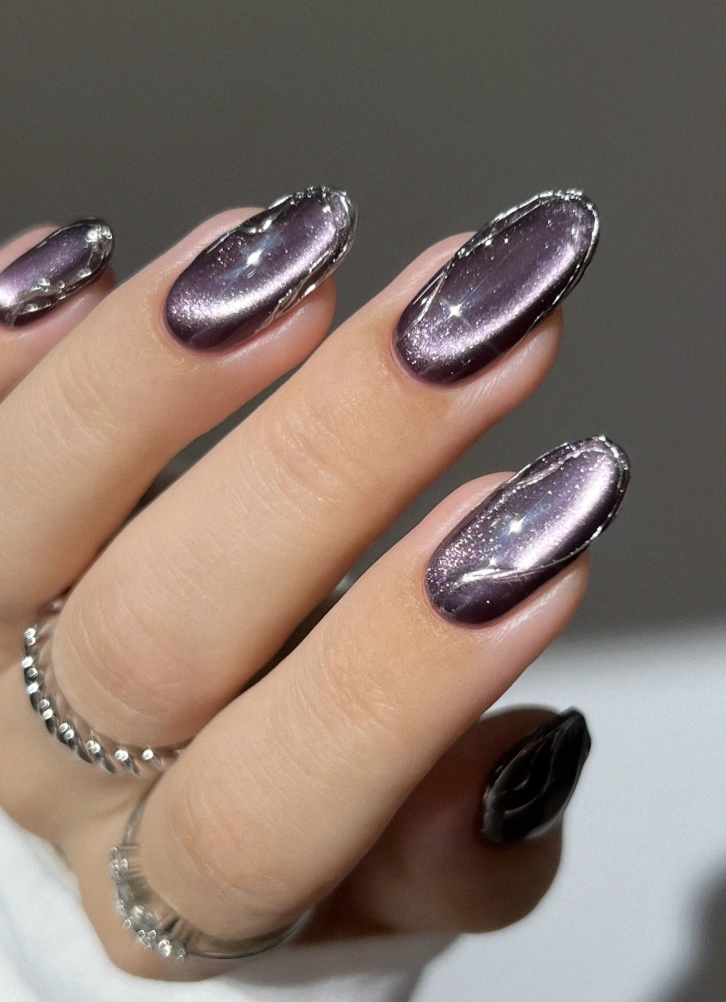 Iridescent Purple Aura with Silver Outline Nail Design