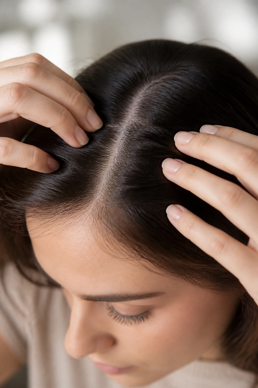 Parting hair to check the scalp