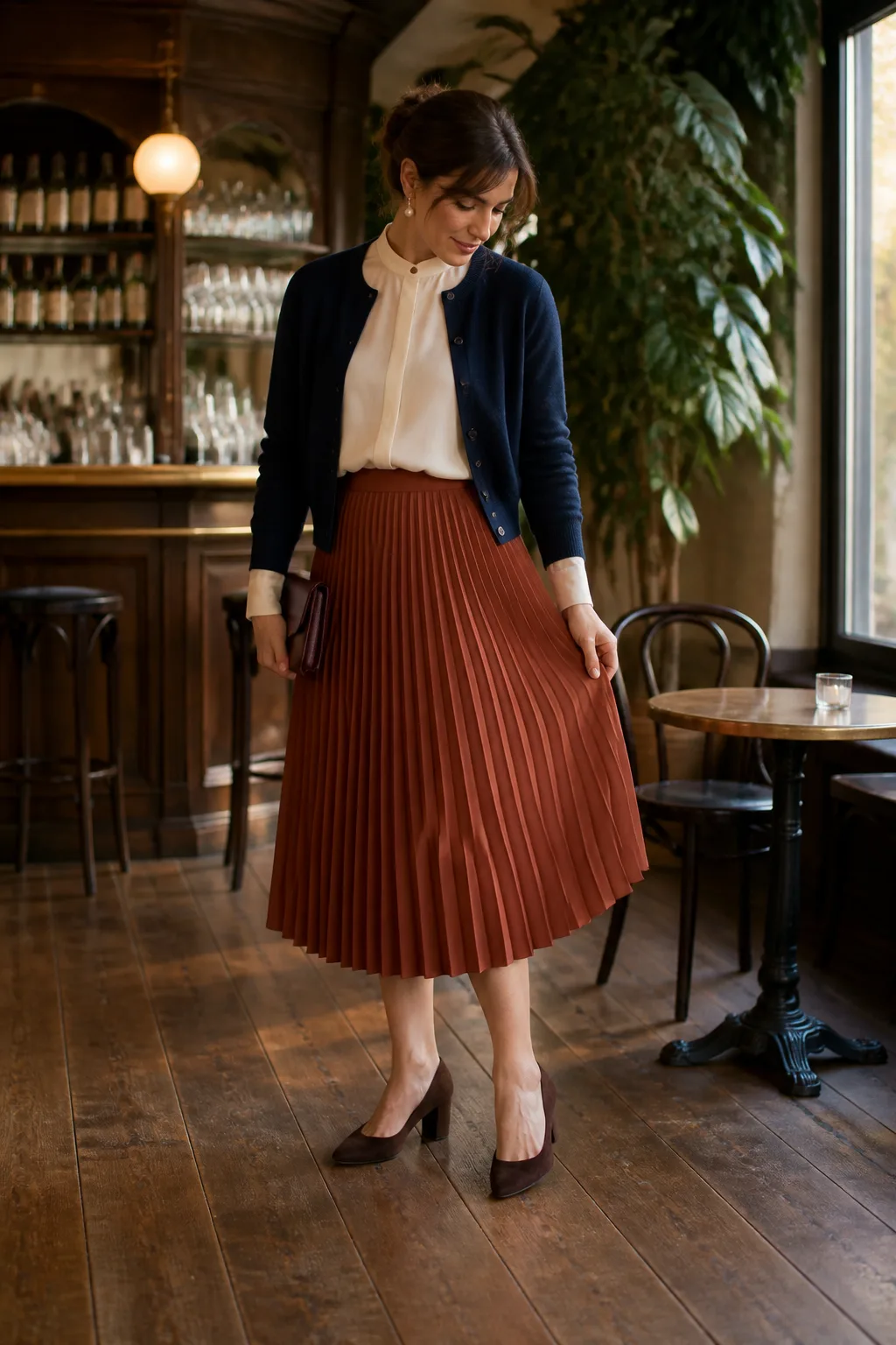 Ivory Blouse with Rust Pleated Midi Skirt