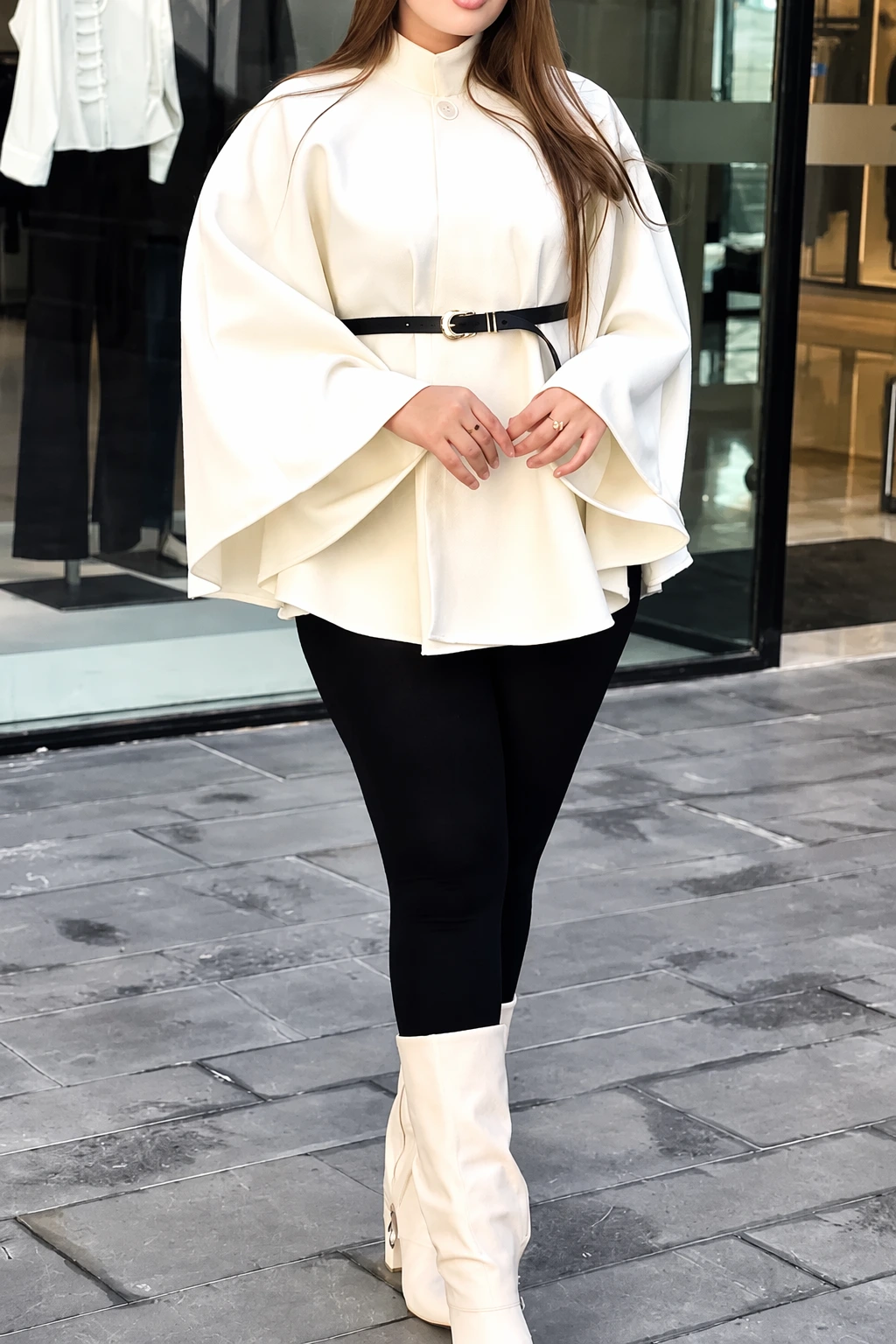 Ivory Capelet + Black Leggings + Ivory Heeled Boots