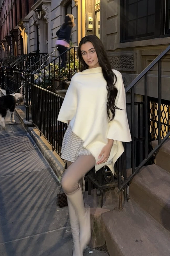 Ivory Capelet + Plaid Skirt + Over-The-Knee Boots
