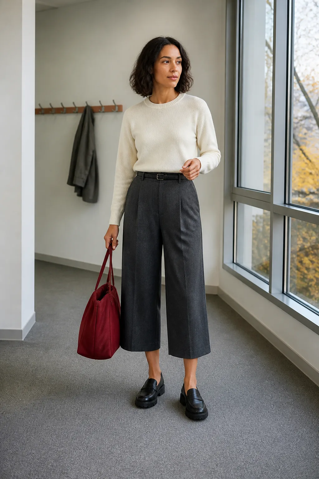 Ivory Sweater, Slate Culottes, and Loafers