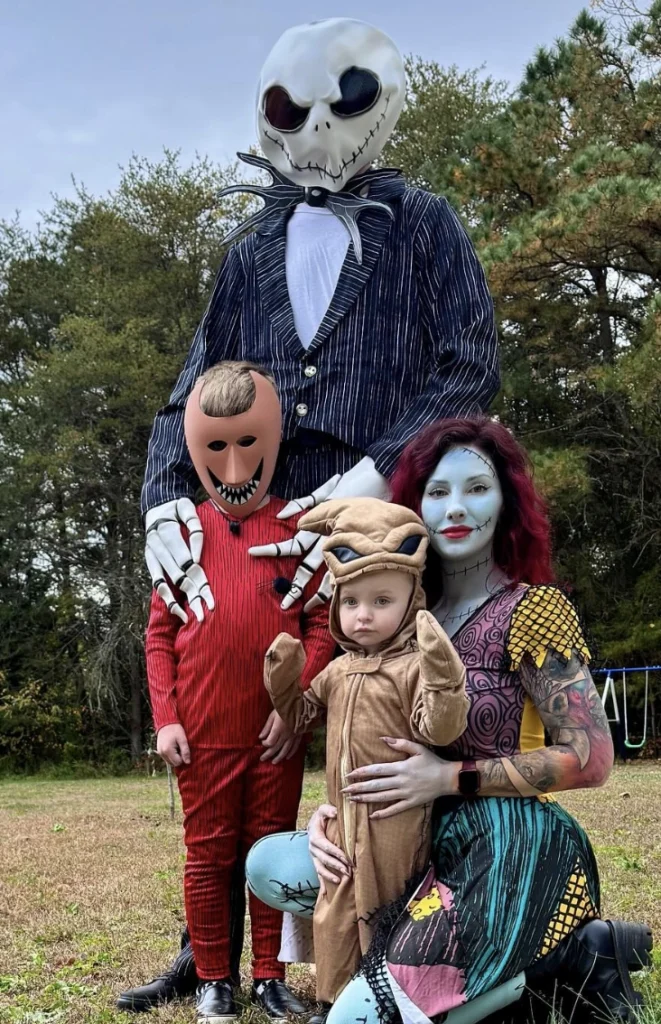 Jack Skellington Costume + Sally Dress + Red Striped Toddler Outfit + Baby Monster Costume + Skeleton Hands Mask