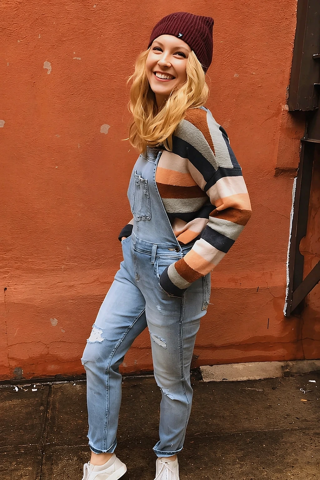 Jean Overall Outfit + Striped Sweater + Casual Sneakers