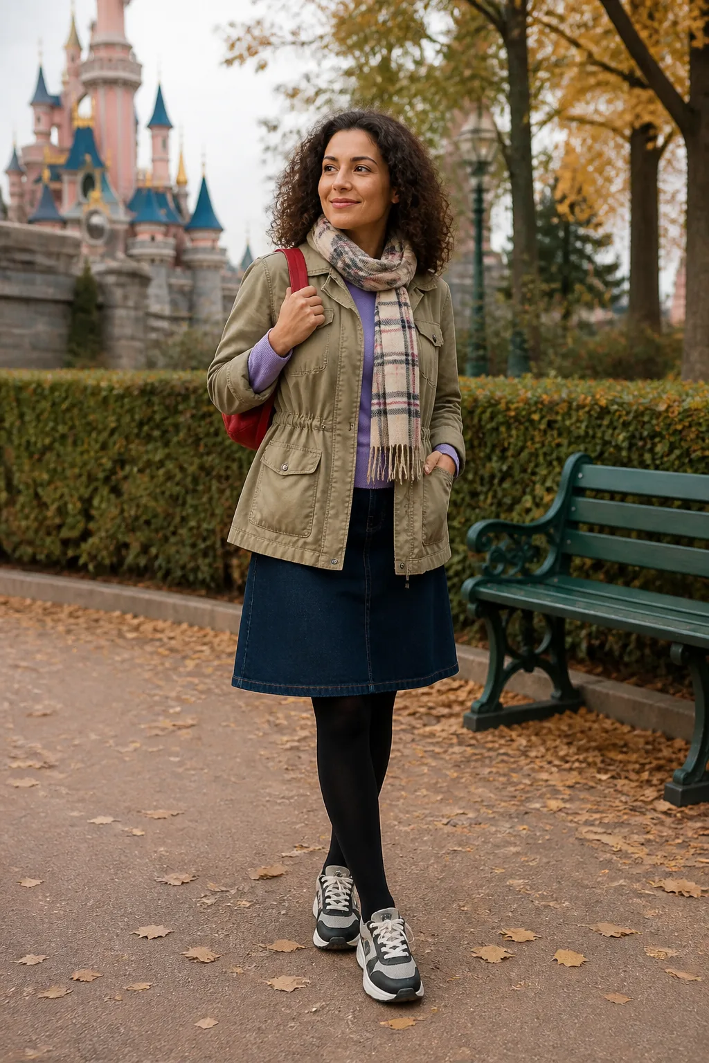 Khaki Field Jacket, Lavender Knit and Denim Skirt