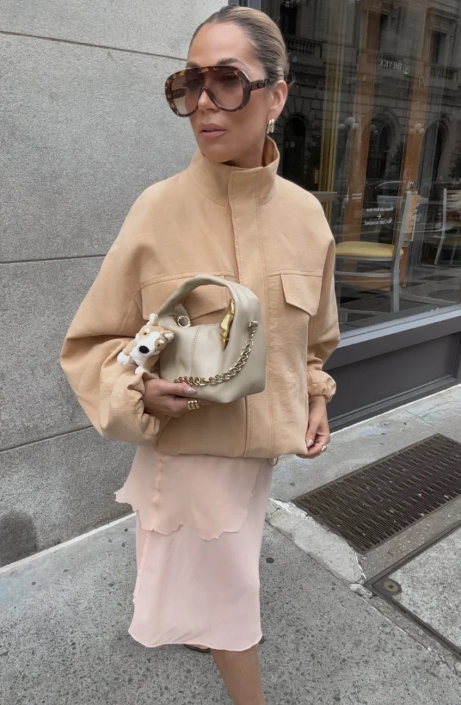Khaki Structured Jacket + Blush Slip Dress + Aviator Sunglasses