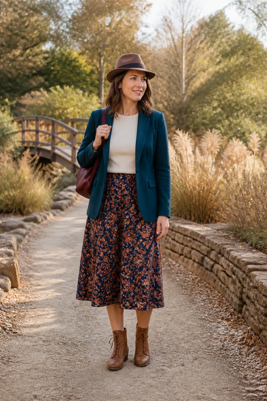Knit Blazer, Floral Skirt and Lace-Up Boots