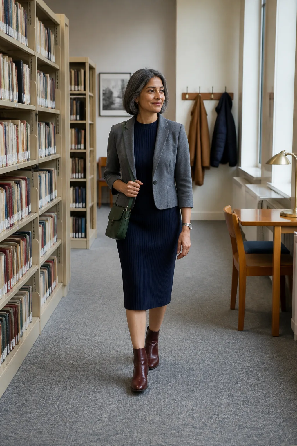 Knit Midi Dress, Cropped Blazer, and Ankle Boots