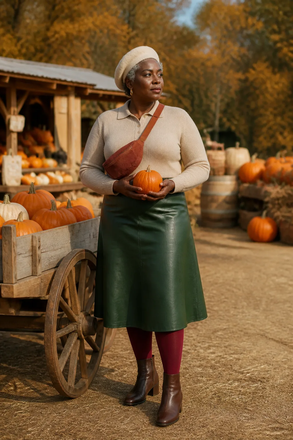 Knit Polo with Leather Midi Skirt
