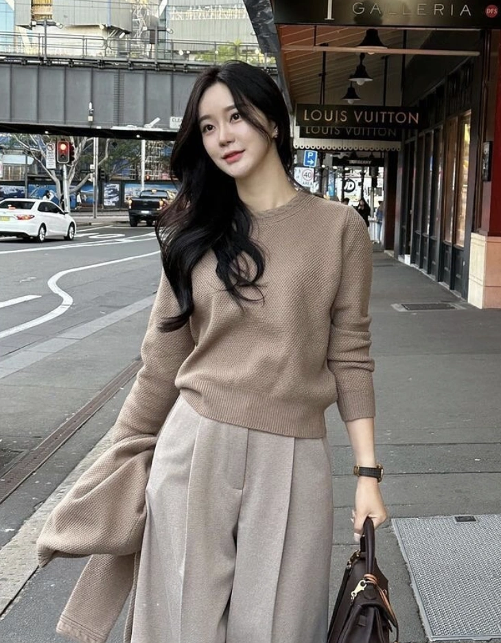 Knit Sweater + Wide Leg Trousers + Structured Bag