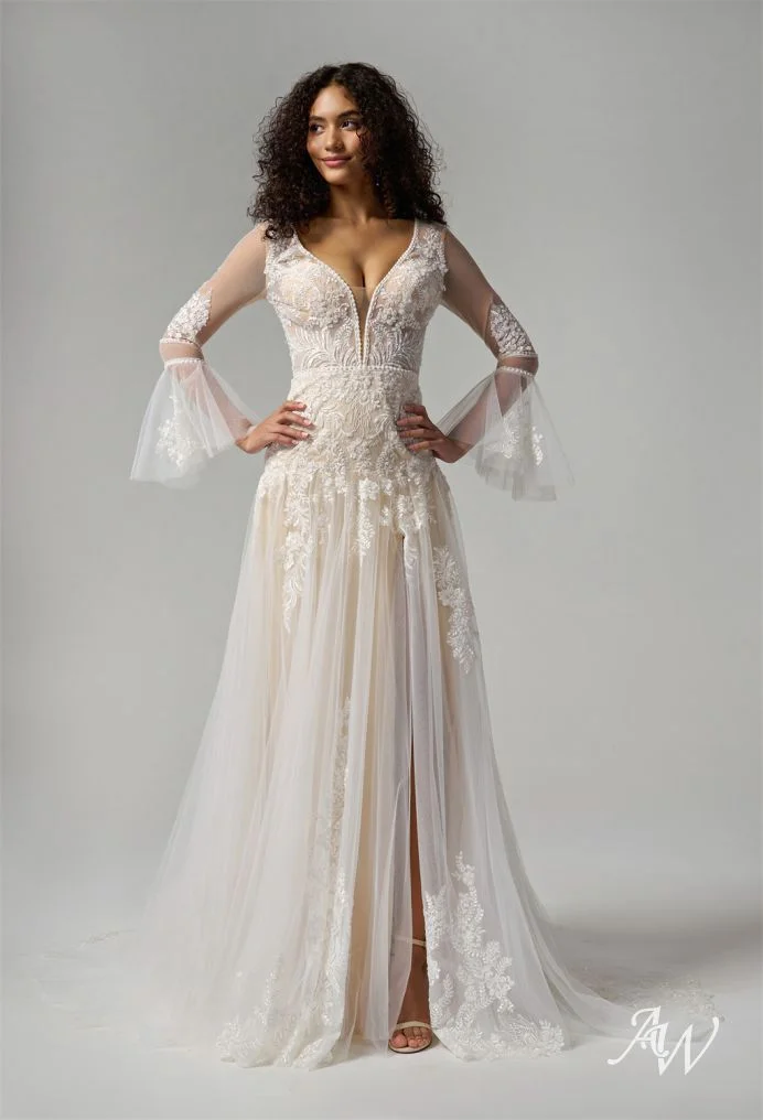 Lace-Embellished Gown with Deep V-Neck and Sheer Bell Sleeves